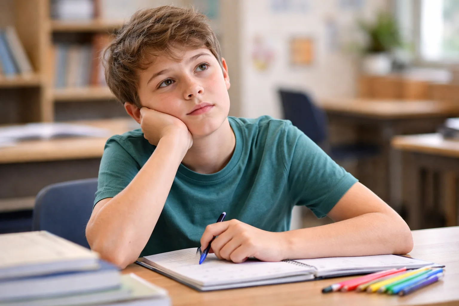 A student pausing over schoolwork in a classroom