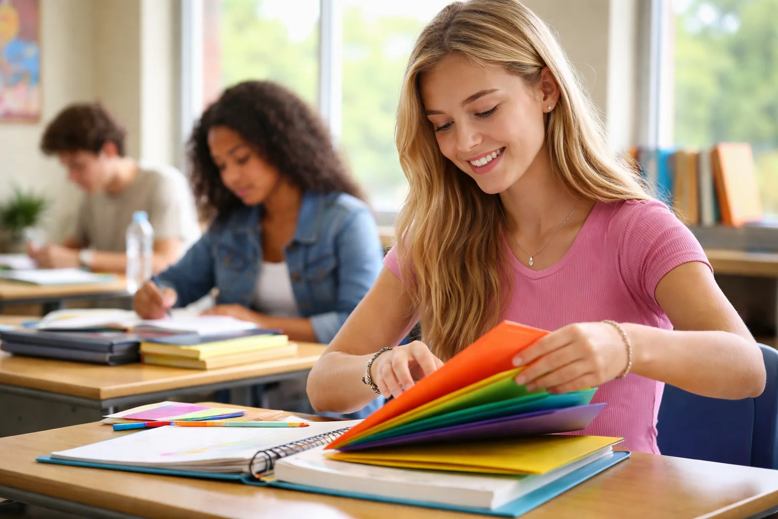 A student organizing colorful subject folders at a classroom desk