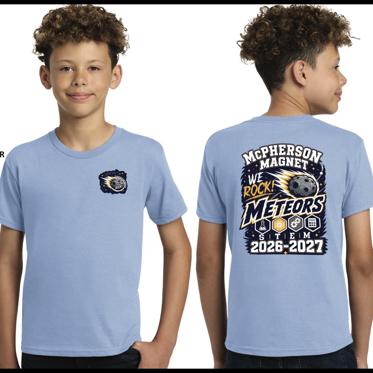 Front and back views of the light blue McPherson Magnet We Rock Meteors 2026–2027 spirit shirt