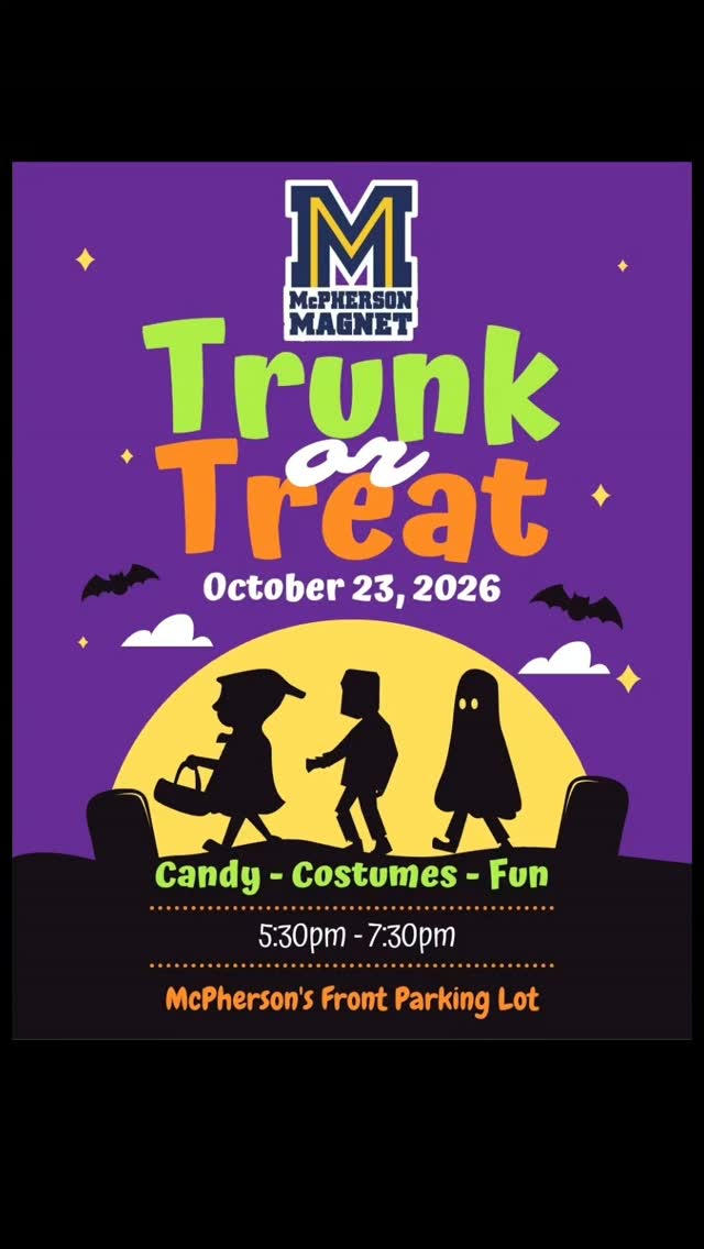 Trunk-or-Treat flyer: October 23, 2026, 5:30–7:30 PM in McPherson’s front parking lot